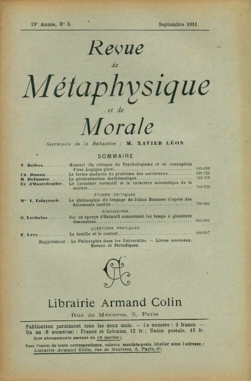 Livrenpoche : Revue de métaphysique et de morale 19e année n°5 - Collectif - Livre