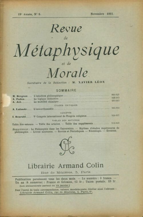 Livrenpoche : Revue de métaphysique et de morale 19e année n°6 - Collectif - Livre