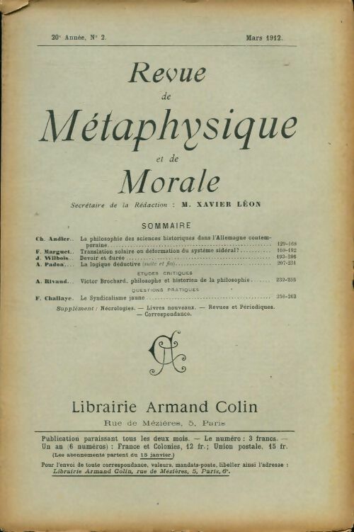 Livrenpoche : Revue de métaphysique et de morale 20e année n°2 - Collectif - Livre