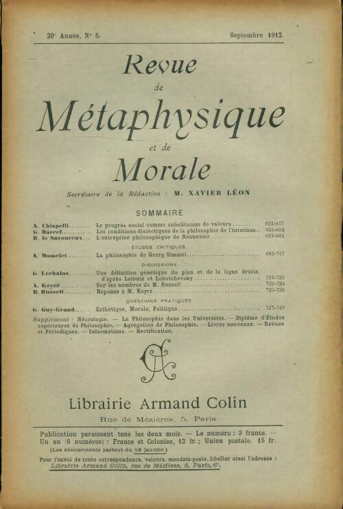 Livrenpoche : Revue de métaphysique et de morale 20e année n°5 - Collectif - Livre