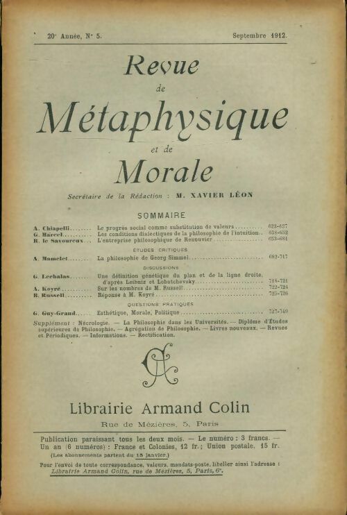 Revue de métaphysique et de morale 20e année n°5 - Collectif -  Revue de métaphysique et de morale - Livre
