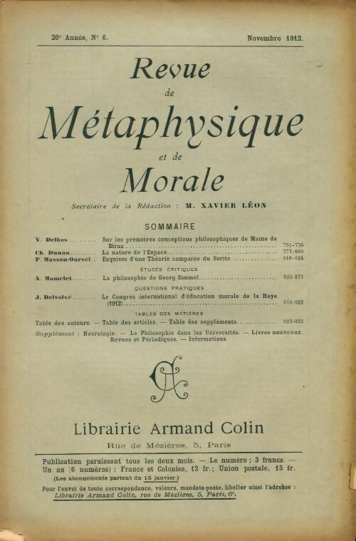 Livrenpoche : Revue de métaphysique et de morale 20e année n°6 - Collectif - Livre