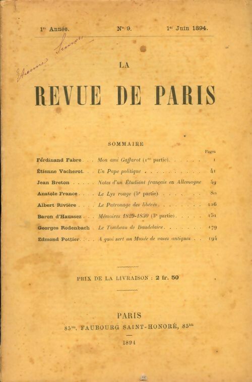 Livrenpoche : La revue de Paris 1ère année n°9 - Collectif - Livre