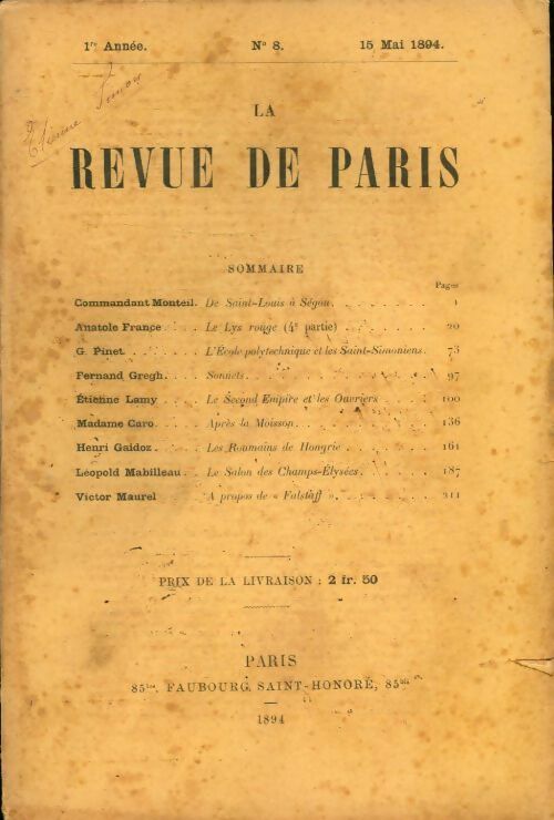 Livrenpoche : La revue de Paris 1ère année n°8 - Collectif - Livre