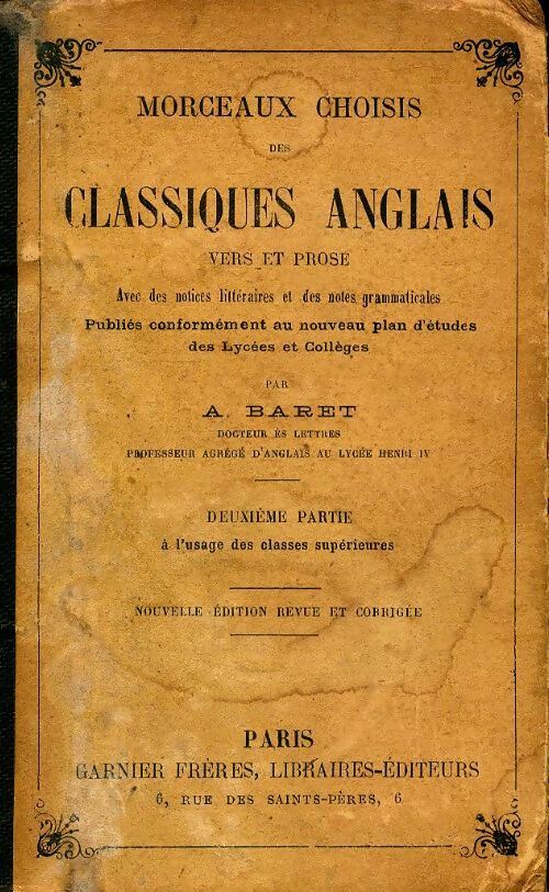 Morceaux choisis des classiques anglais - Adrien Baret -  Garnier poche - Livre