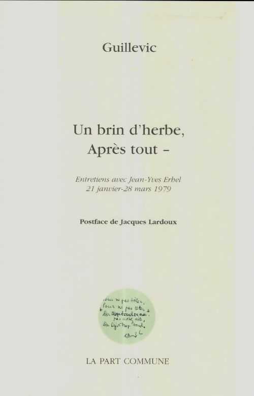 Livrenpoche : Un brin d'herbe après tout. Entretiens avec jean-Yves Erhel 21 janvier-28 mars 1979 - Eugène Guillevic - Livre