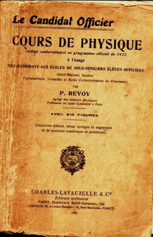 Le candidat officier. Cours de physique rédigé conformément au programme officiel de 1922 - P. Revoy -  Lavauzelle poche - Livre
