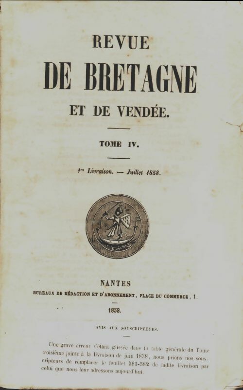 Livrenpoche : Revue de Bretagne et de Vendée 2e année Tome IV 1ère livraison - Collectif - Livre