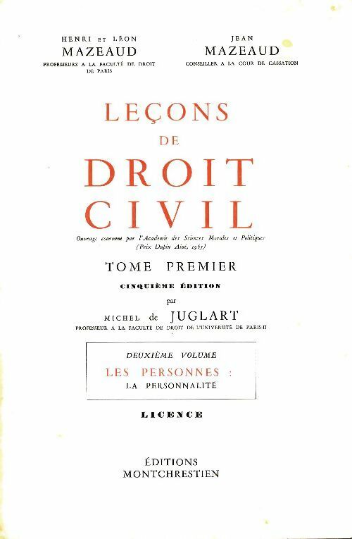 Livrenpoche : Lecons de droit civil Tome I Deuxième volume. Les personnes : La personnalité, les incapacités - Henri Mazeaud - Livre