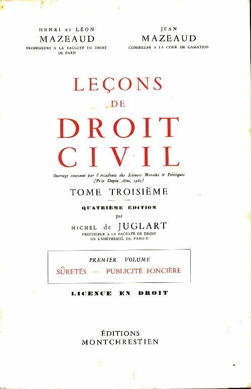 Livrenpoche : Leçons de droit civil Tome III premier volume : Sûretés, publicité foncière - Henri Mazeaud - Livre