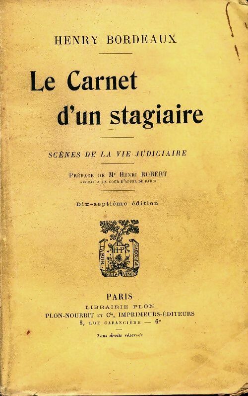 Le carnet d'un stagiaire - Henri Bordeaux -  Plon poches divers - Livre