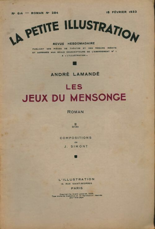 Livrenpoche : La petite illustration n°614 Roman n°284 : Les jeux du mensonge Tome II - Collectif - Livre