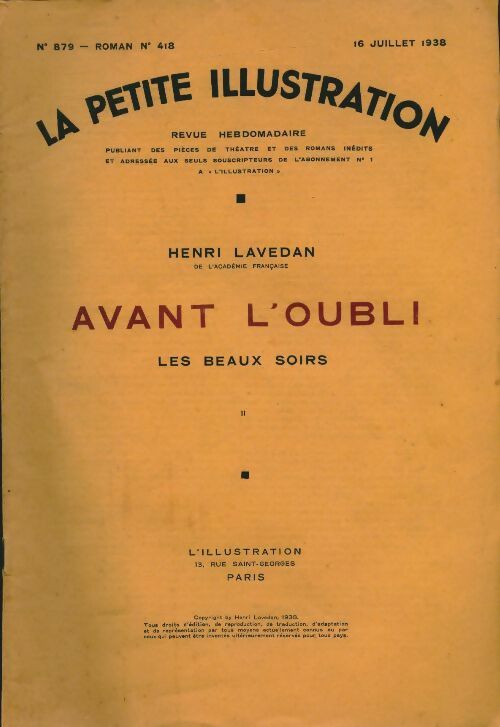 Livrenpoche : La petite illustration n°879 Roman n°418 : Avant l'oubli Tome II - Collectif - Livre