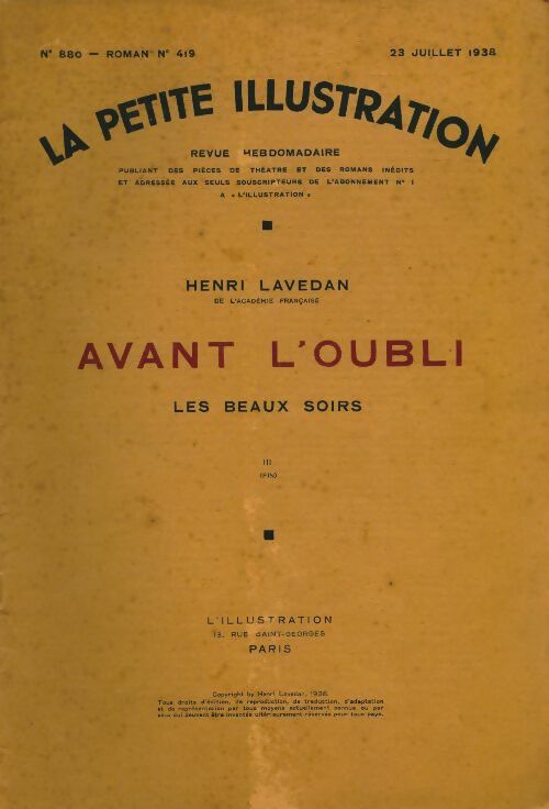 Livrenpoche : La petite illustration n°880 Roman n°419 : Avant l'oubli Tome III - Collectif - Livre