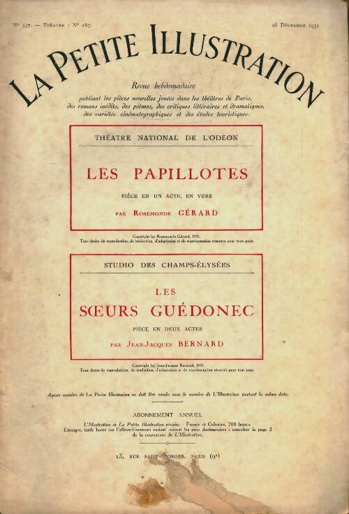 Livrenpoche : La petite illustration n°557 Théâtre n°287 : Les papillotes - Les soeurs Guédonec - Collectif - Livre
