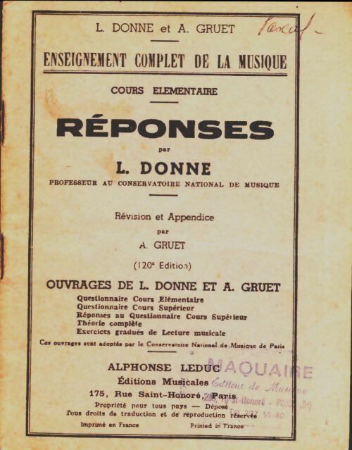 Livrenpoche : Enseignement complet de la musique. Cours élémentaire : Réponses - L. Donne - Livre