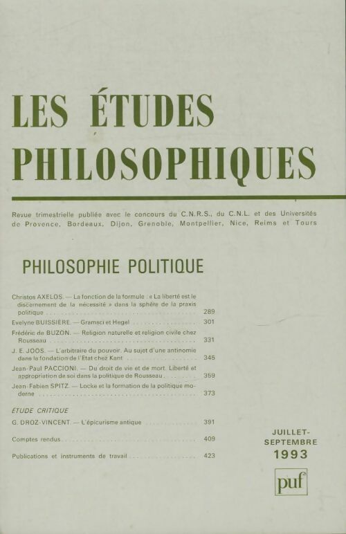 Livrenpoche : Études philosophiques 1993 numéro 3 - Collectif - Livre