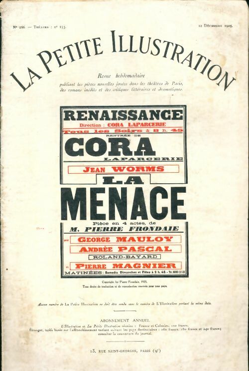 Livrenpoche : La petite illustration n°266 Théâtre n°153 : La menace - Collectif - Livre