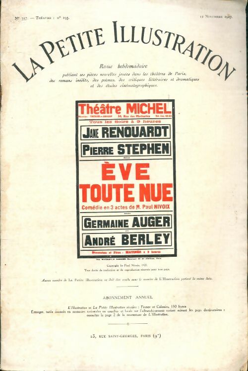 Livrenpoche : La petite illustration n°357 Théâtre n°193 : Eve toute nue - Collectif - Livre