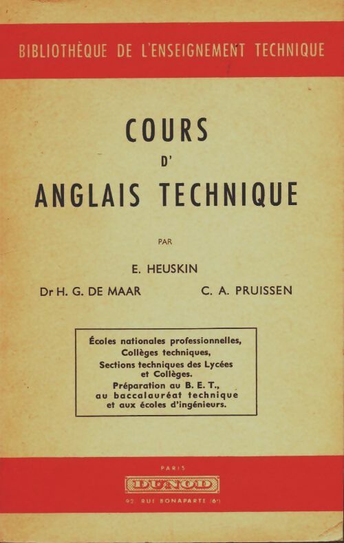 Cours d'anglais technique - E. Heuskin ; H.G. De Maar -  Bibliothèque de l'enseignement technique - Livre