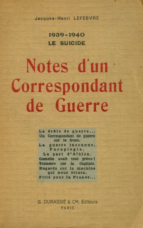 Livrenpoche : 1939-1940 : Le suicide : NoTes d'un correspondant de guerre - Jacques-Henri Lefebvre - Livre