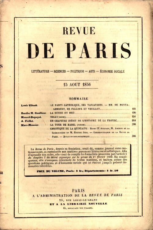 Livrenpoche : Revue de Paris du 15 août 1856 - Collectif - Livre