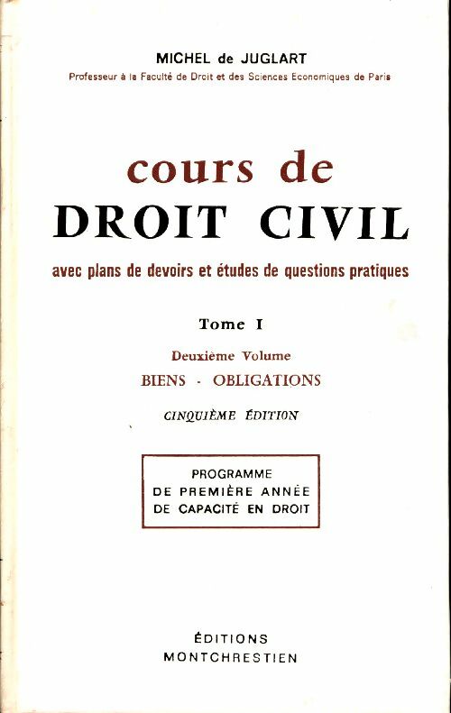 Livrenpoche : Cours de droit civil Tome I - Michel De Juglart - Livre