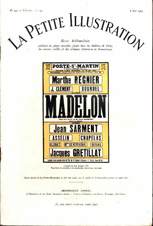 Livrenpoche : La petite illustration n°240 Théâtre n°140 : Madelon - Collectif - Livre
