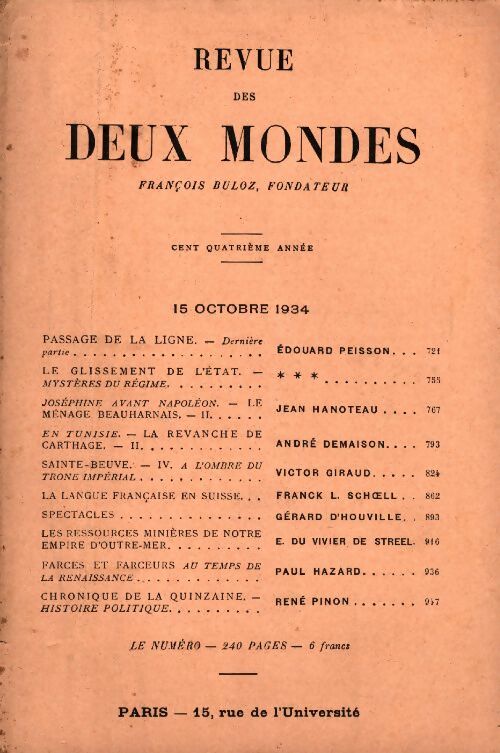 Livrenpoche : Revue des deux mondes Octobre 1934 - Collectif - Livre