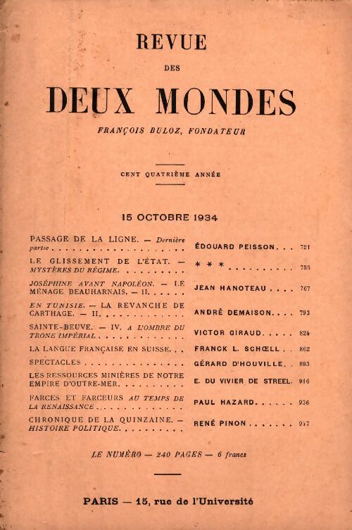 Revue des deux mondes Octobre 1934 - Collectif -  Revue des deux mondes - Livre