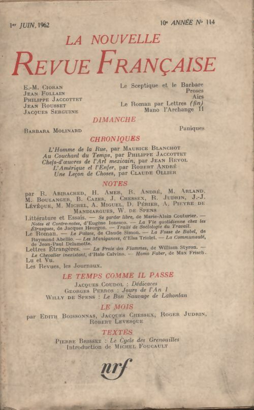 Livrenpoche : La nouvelle revue Française n°114 - Collectif - Livre