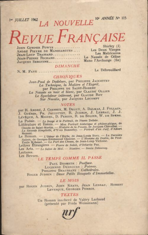 Livrenpoche : La nouvelle revue Française n°115 - Collectif - Livre
