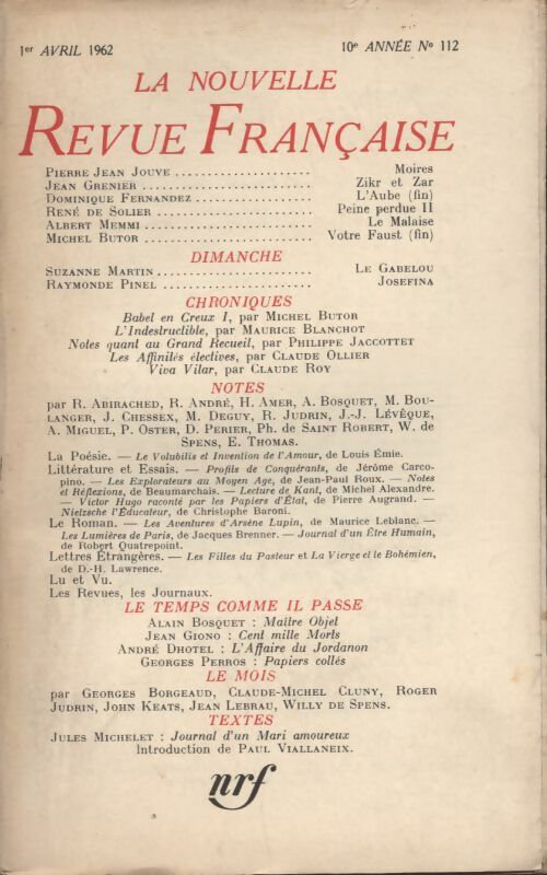 Livrenpoche : La nouvelle revue Française n°112 - Collectif - Livre