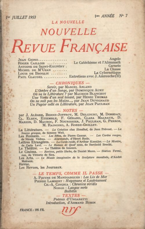 Livrenpoche : La nouvelle nouvelle revue Française n°7 - Collectif - Livre