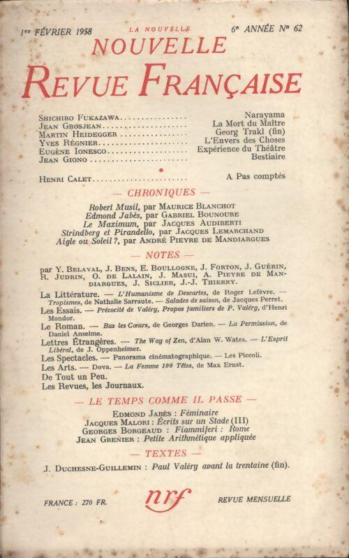 Livrenpoche : La nouvelle nouvelle revue Française n°62 - Collectif - Livre
