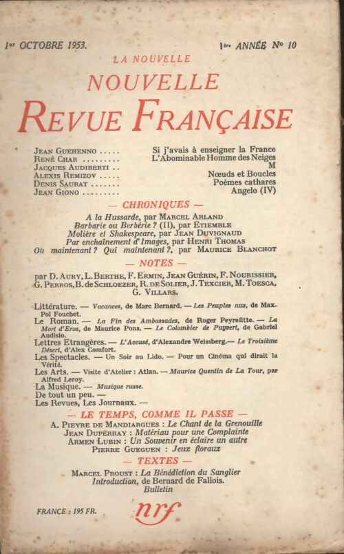 Livrenpoche : La nouvelle nouvelle revue Française n°10 - Collectif - Livre
