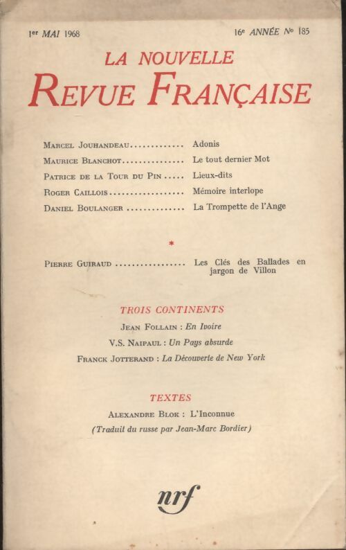 Livrenpoche : La nouvelle revue Française n°185 - Collectif - Livre