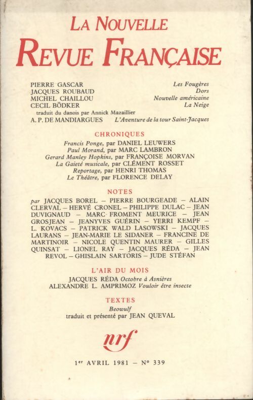 Livrenpoche : La nouvelle revue Française n°339 - Collectif - Livre