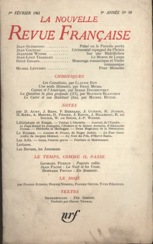 Livrenpoche : La nouvelle revue Française n°98 - Collectif - Livre