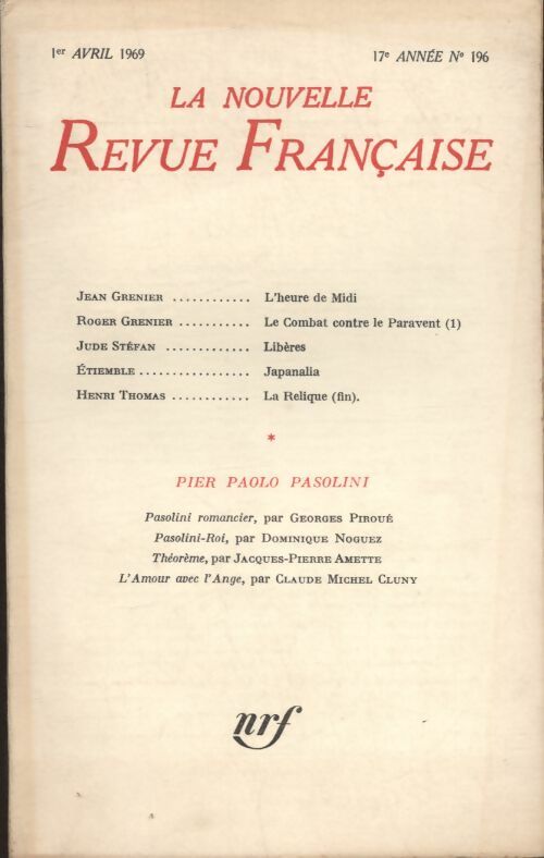 Livrenpoche : La nouvelle revue Française n°196 - Collectif - Livre
