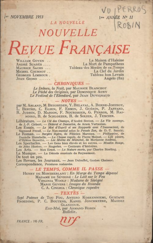 Livrenpoche : La nouvelle revue Française n°11 - Collectif - Livre