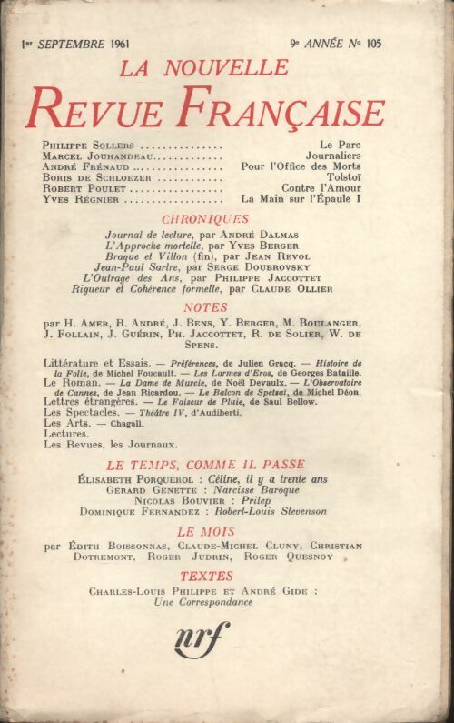 Livrenpoche : La nouvelle revue Française n°105 - Collectif - Livre
