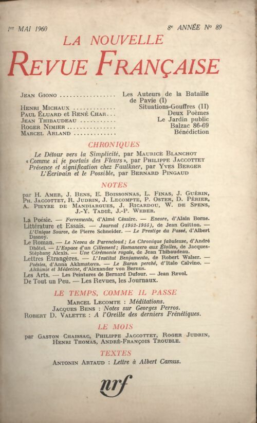 Livrenpoche : La nouvelle revue Française n°89 - Collectif - Livre