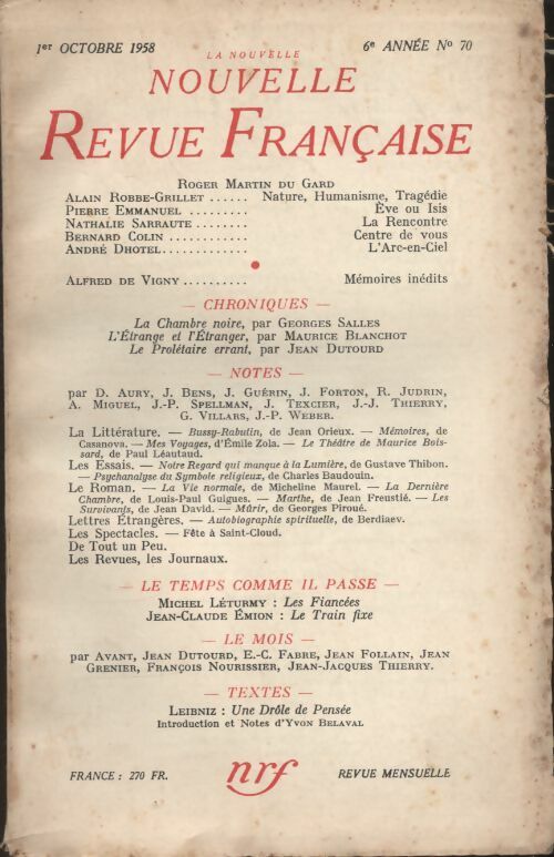 Livrenpoche : La nouvelle revue Française n°70 - Collectif - Livre