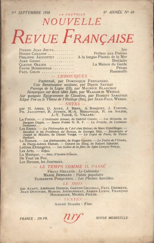 Livrenpoche : La nouvelle revue Française n°69 - Collectif - Livre