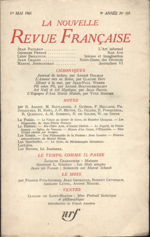 Livrenpoche : La nouvelle revue Française n°101 - Collectif - Livre