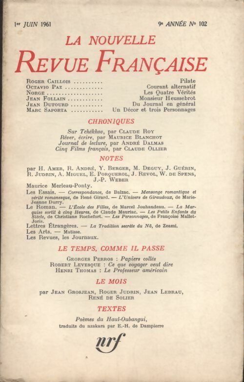 Livrenpoche : La nouvelle revue Française n°102 - Collectif - Livre