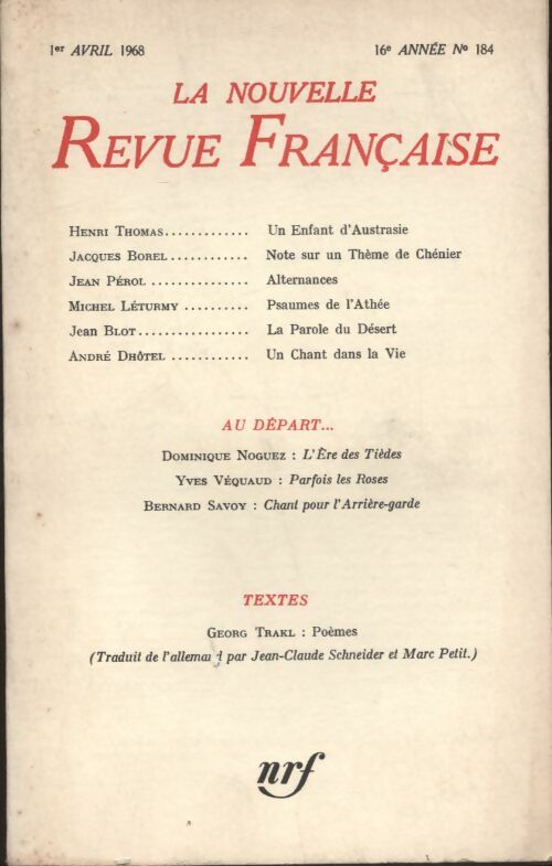 Livrenpoche : La nouvelle revue Française n°184 - Collectif - Livre