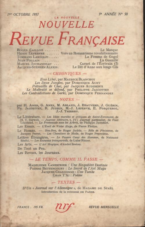 Livrenpoche : La nouvelle revue Française n°58 - Collectif - Livre