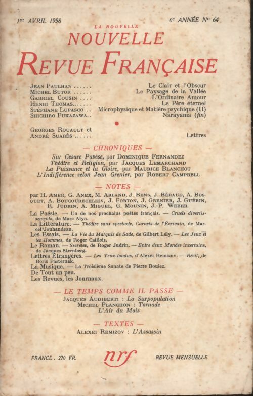 Livrenpoche : La nouvelle revue Française n°64 - Collectif - Livre